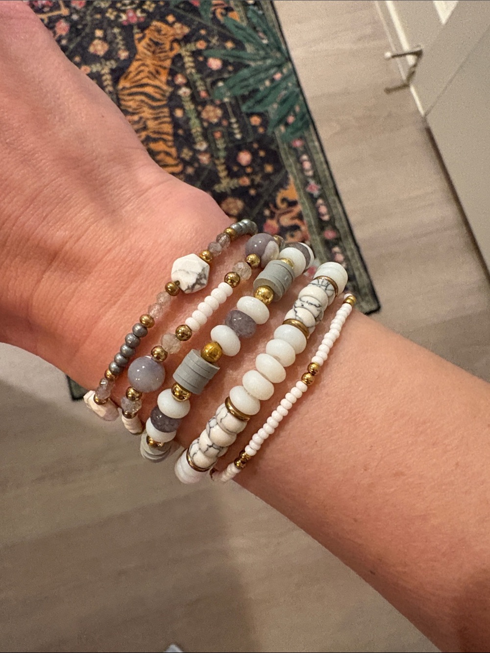 5-Piece Stacked White & Gray Handcrafted Stretch Bracelets with Gold Accents